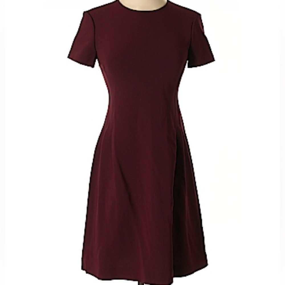 Theory Burgundy Admiral Crepe Fit & Flare Shirt Sleeve Round Neck Dress Sz 00 - Picture 3 of 16